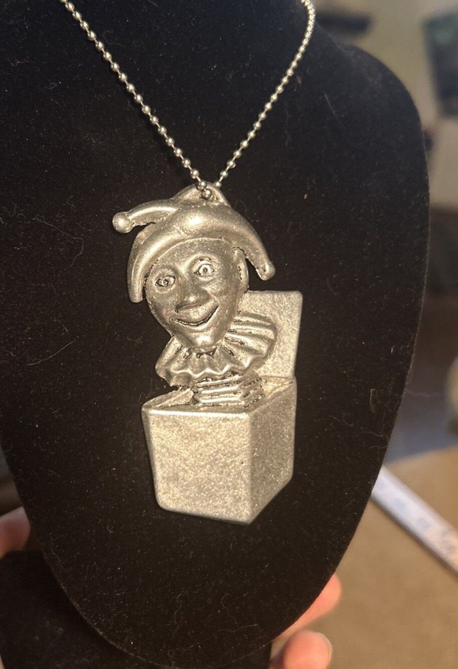 Vintage Jack In The Box, Jester, Silver Pendant Joker Necklace & Long Chain